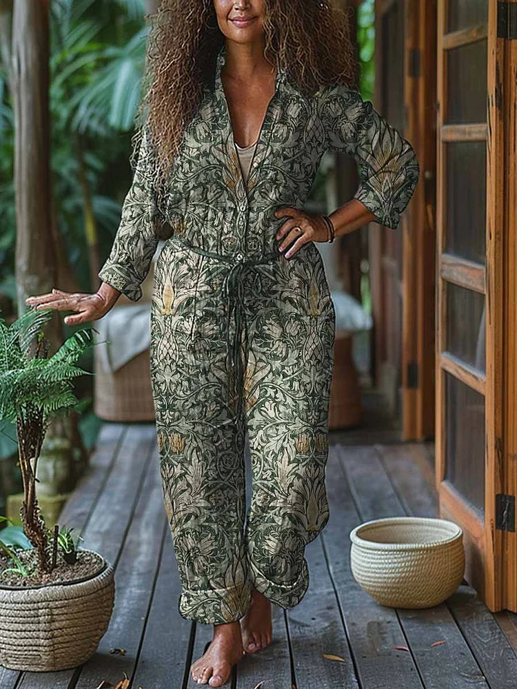 Ladies Positioning Print Casual Cotton Wide Leg Jumpsuit