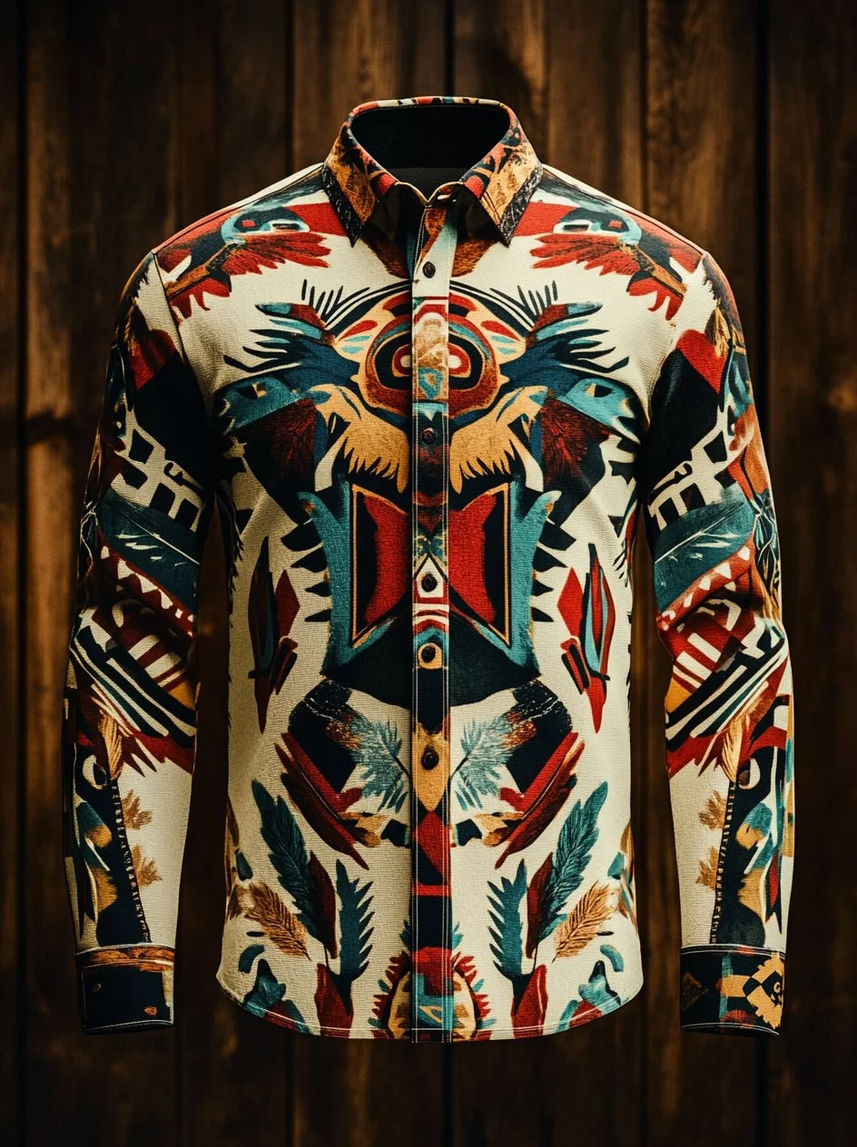 Men's Western Retro Tribal Totem Print Long Sleeve Shirt 