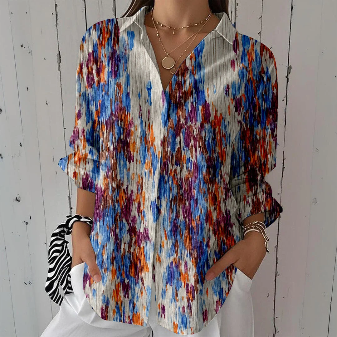Style & Comfort for Mature Women Women Tie-Dyed, Blue, Brown DZCL0357 3/4 Sleeve Shirt Collar Printed Button Tops
