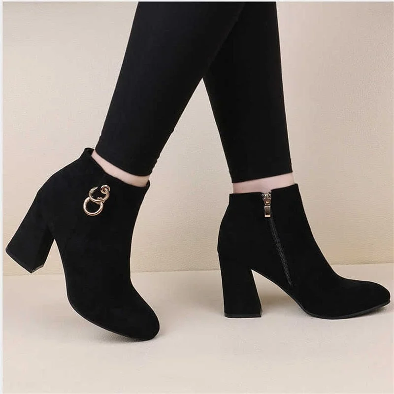 Comemore Retro Plush Warm Autumn Winter Women's Boot Vintage Block Heel Ankle Boots Zipper High Heels Women Shoes Big Sizes 43