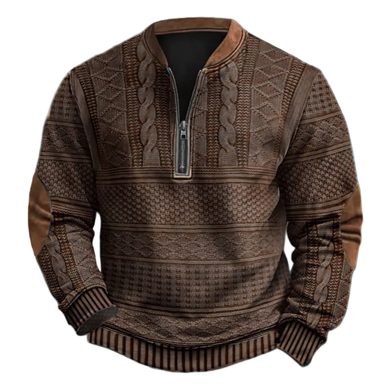 Men's Vintage 3D Print Knit Color Block Henley Zipper Long Sleeve Sweatshirt