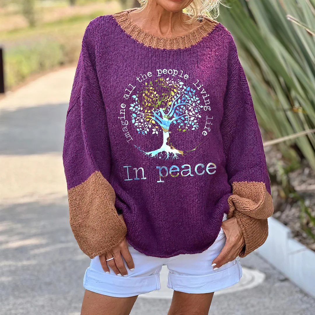 Imagine All The People Living Life In Peace Printed Women's Loose Sweater