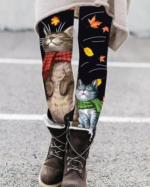 Retro cat print thermal integrated Leggings