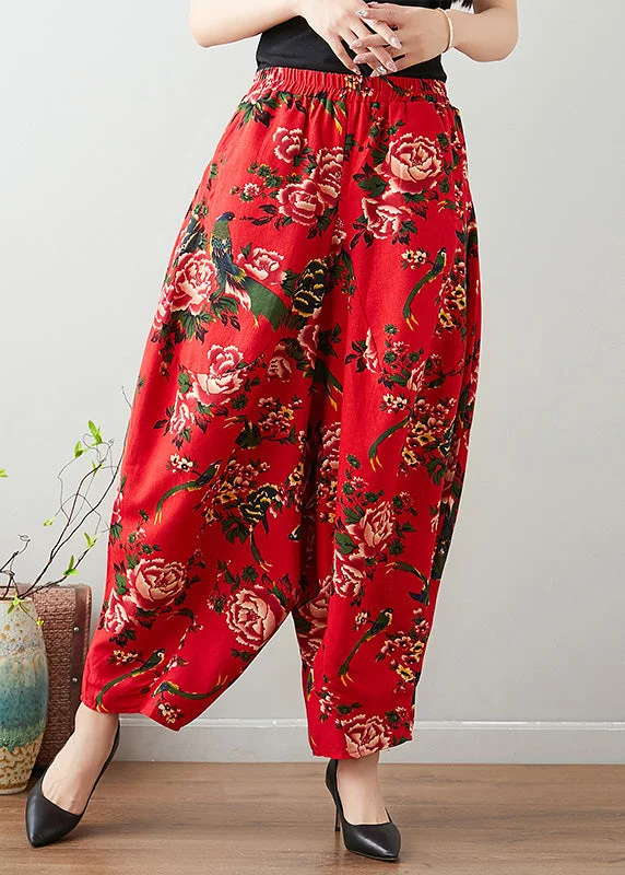 Handmade Red Print Cozy Waist Wide Pants