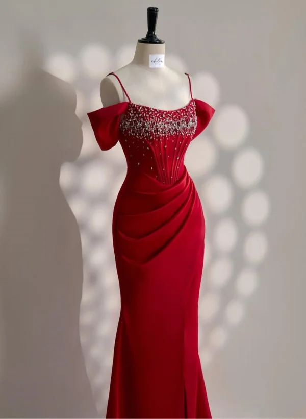 Charming Red Split Beaded Evening Dress ZT0388