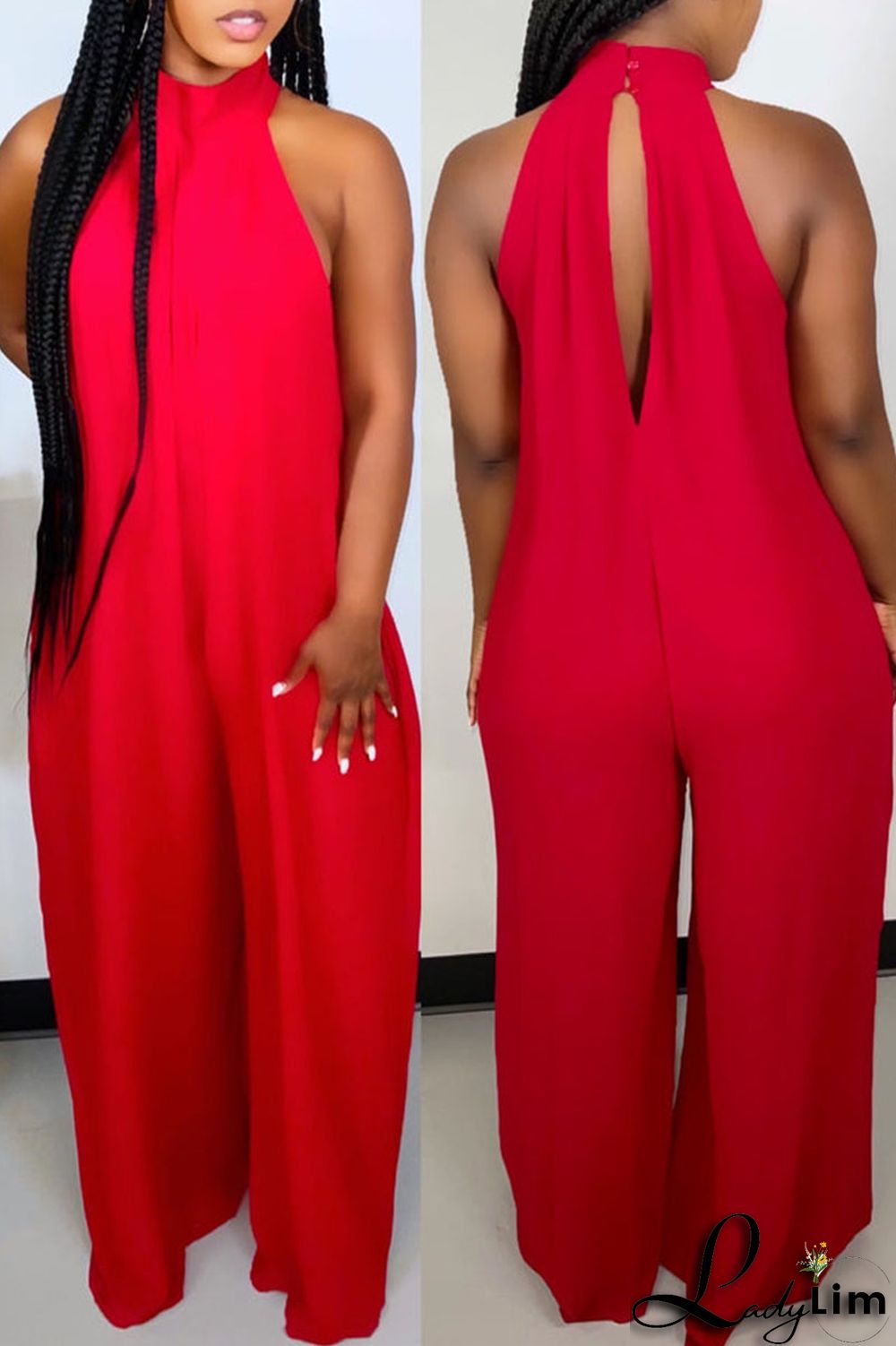 Red Fashion Casual Daily Solid Cut Out Halter Loose Jumpsuits