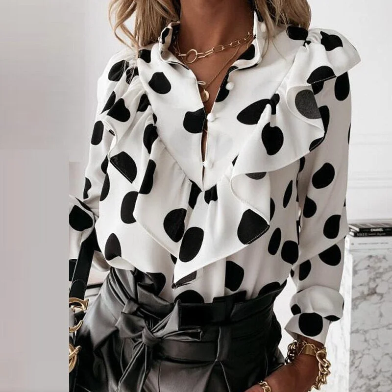 Dot Print Ruffle Blouse Shirt Autumn Winter Long Sleeve Elegant Office Lady V-Neck Button Tops Blusa Women Shirts Casual Leopard