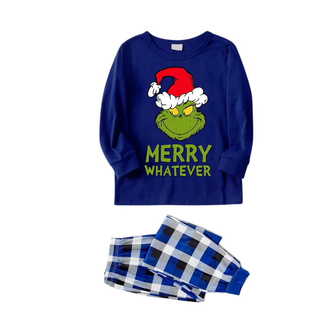 Wear Santa Hat Green Elf Cartoon Pattern "Merry Christmas" Lettering Print Contrast Blue Long Sleeve with Versatile Blue and White Plaid Pants Family Matching Pajamas