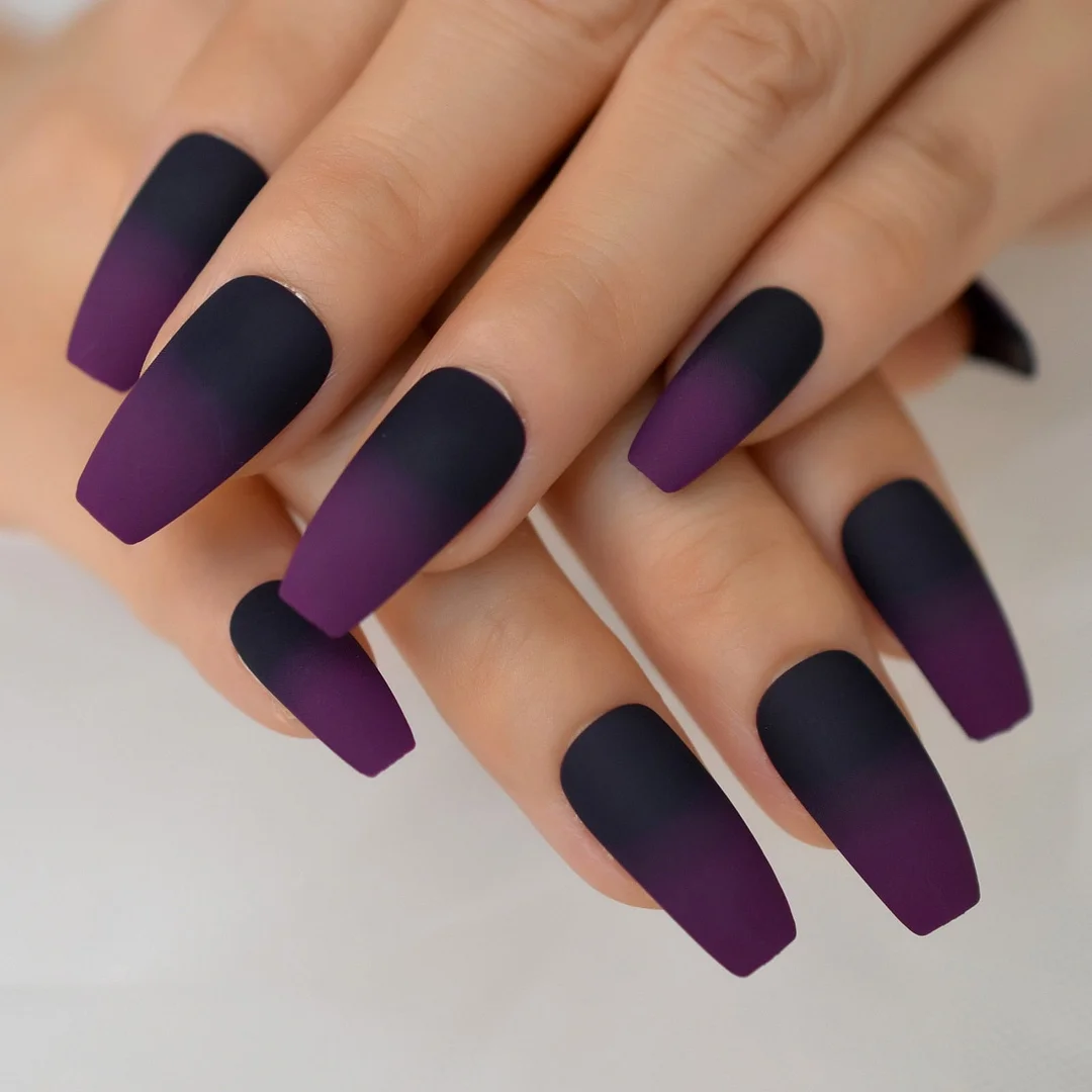 Matte Flat Coffin French Nails Fake Press On Long Medium Ombre Purple Black Reusable Artificial Nails Acrylic Nail Art Tips-Nail Inspo
