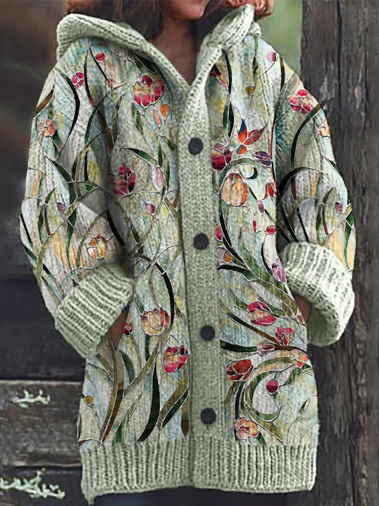 Classy Floral Art Cozy Knit Hooded Cardigan