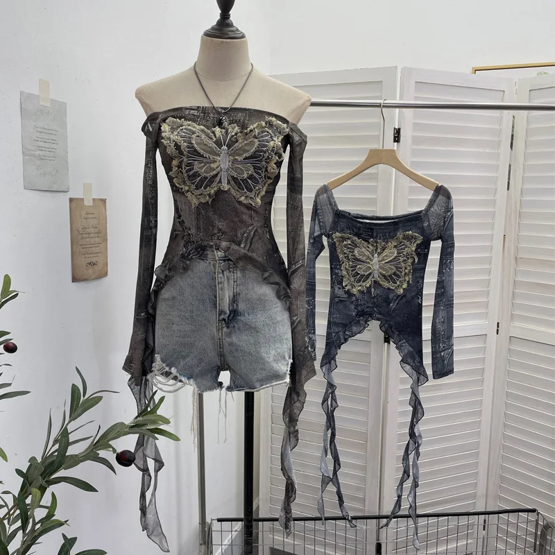 Nigikala Nigikala Shot Raging Butterfly Embroidery Y2k Babes Punk Word Shoulder Tie-Dye Mesh T-Shirt With Short Top 1319