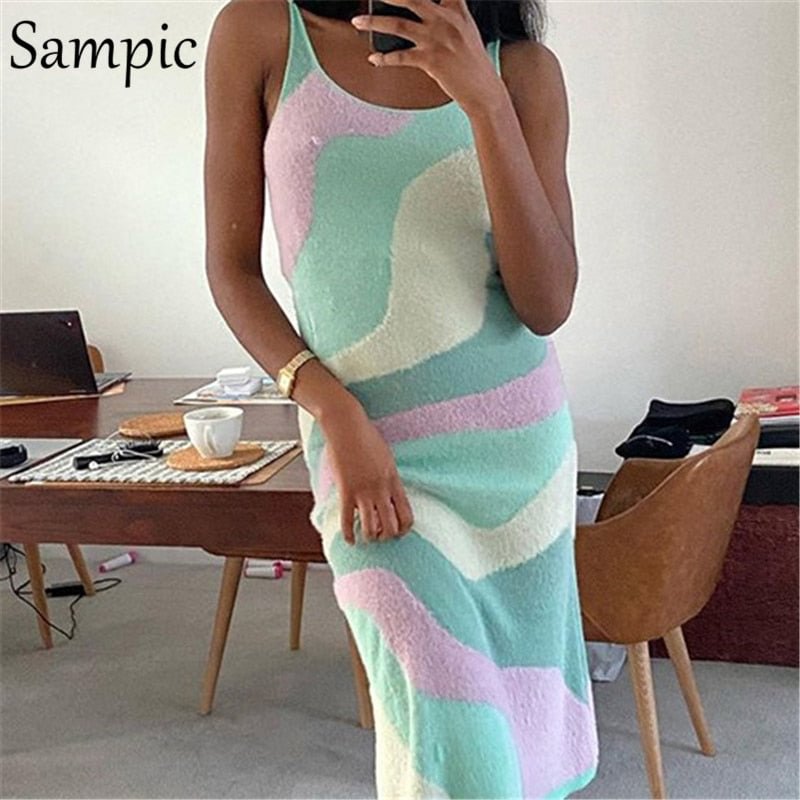 Sampic Spaghetti Strap Knit Summer Green Beach Bodycon Midi Dress Women 2021 Hollow Out Sleeveless Print Y2K Wrap Party Dress