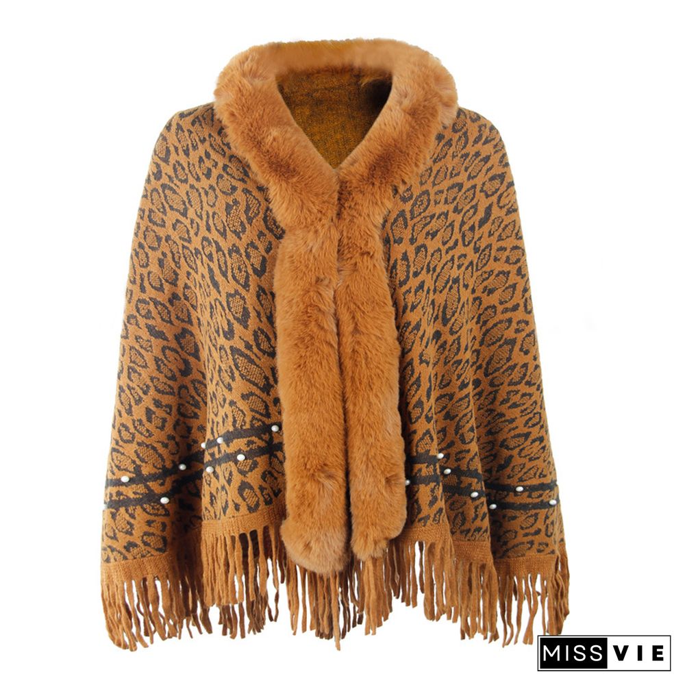 Autumn Winter New Leopard Print Shawl Fashionable Women's Hem Tassel Warm Knitting Bib Shawl Thickened Winter Coat Coat Top