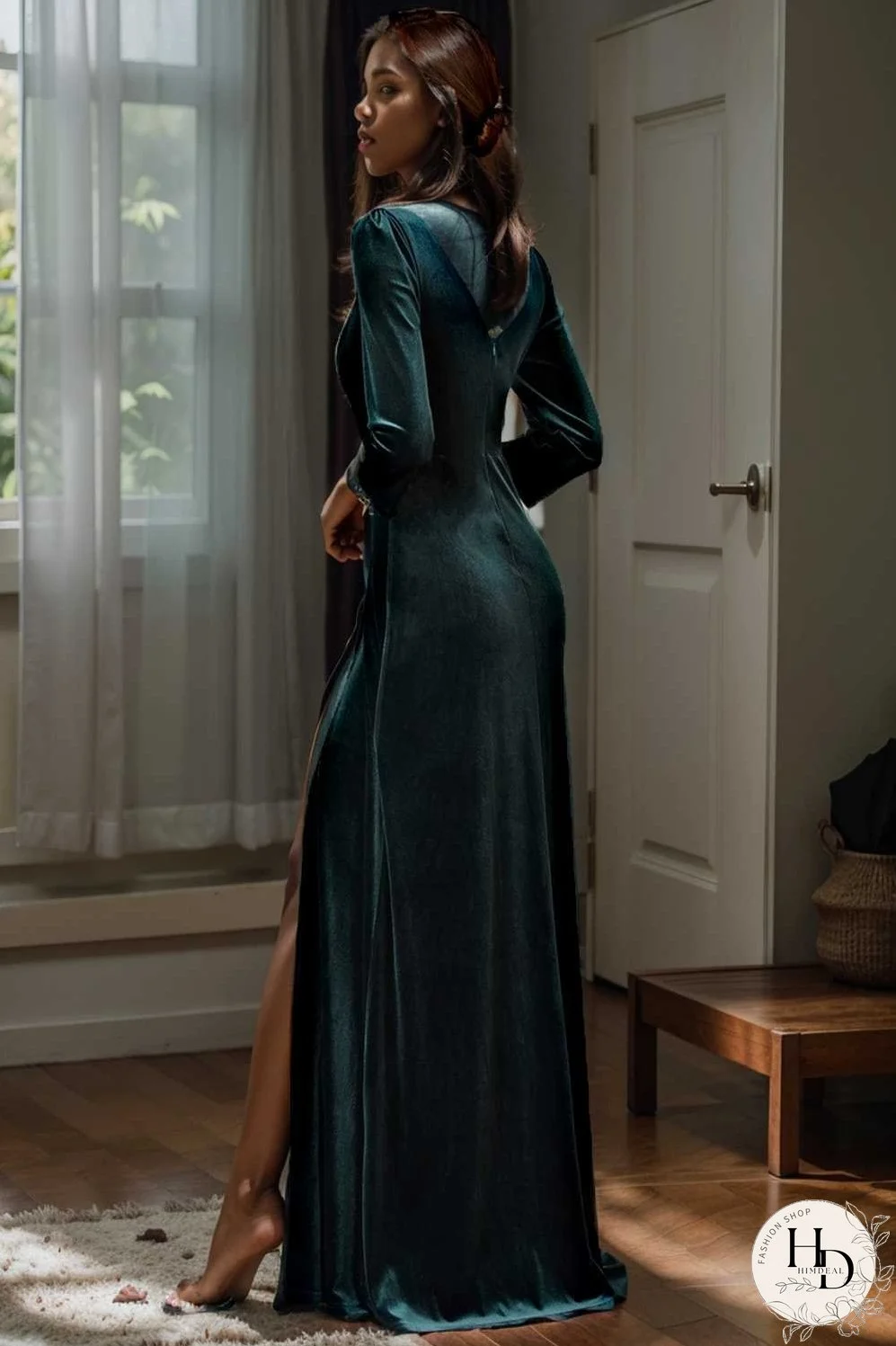 velvet 3 4 length sleeve illusion v neck front slit evening dress