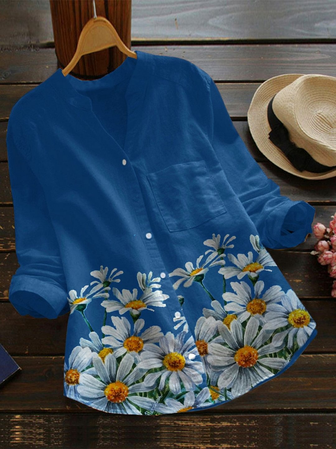 Blue Casual Cotton-Blend Shirts & Tops | IFYHOME