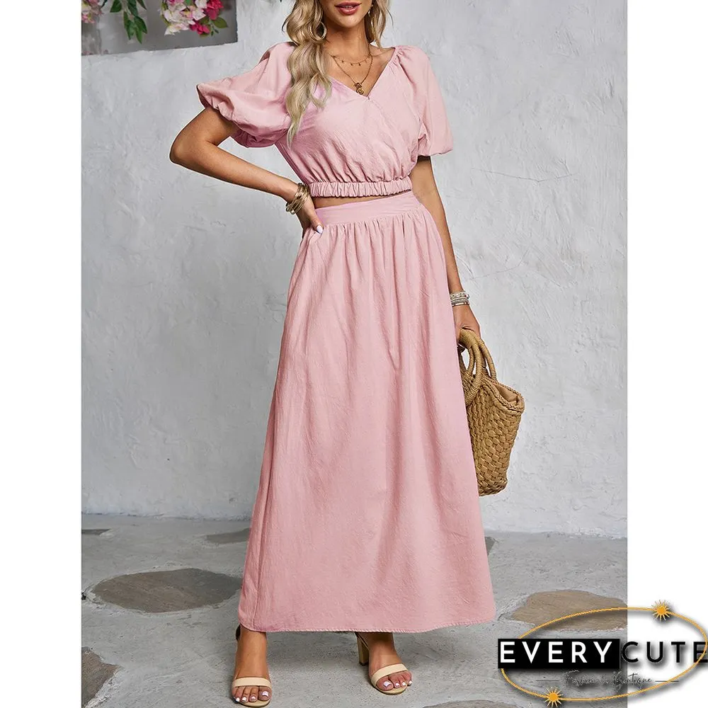Pink V Neck Crop Top and Pocket Skirt Set