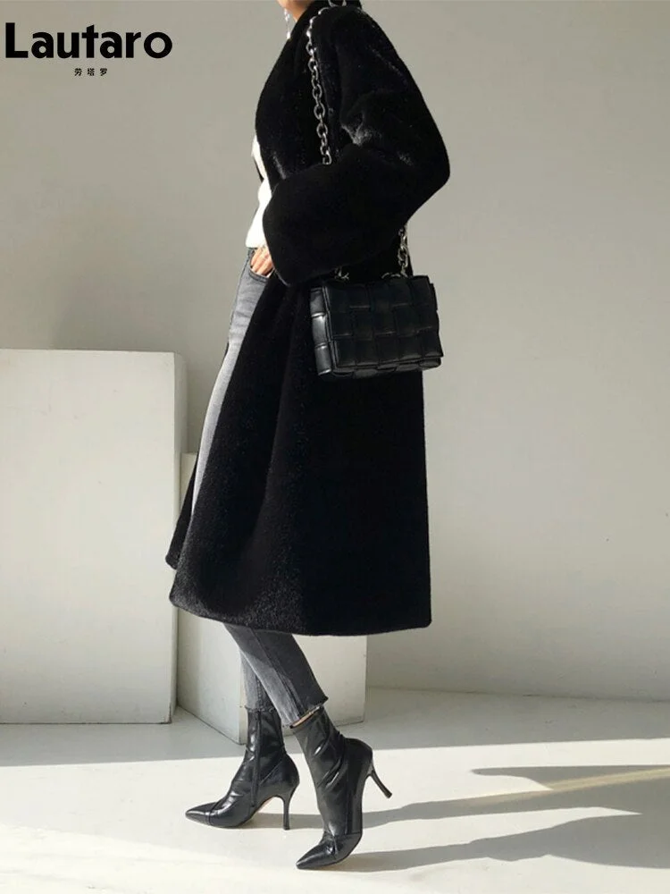 Huiketi Winter Long Black Luxury Elegant Stylish Thick Warm Fluffy Hairy Soft Faux Mink Fur Coat Women Stand Collar Sashes 2023