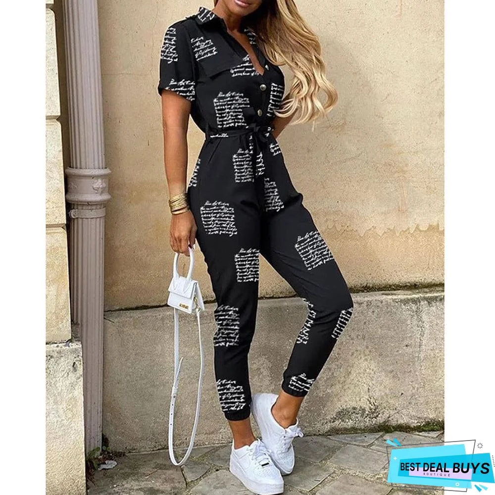 Women's Trousers Casual Lapel Buckle Printed One-Piece Pants
