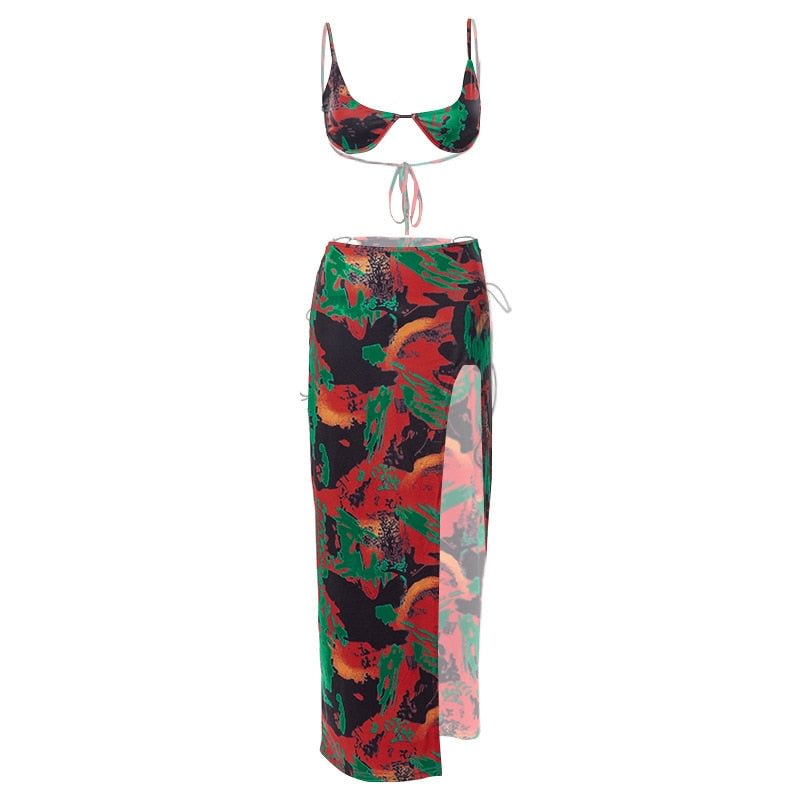 BOOFEENAA Tropical Print 2 Piece Set Split Long Skirts and Crop Top Sexy Summer Beach Vacation Outfits for Women 2022 C85-DZ24