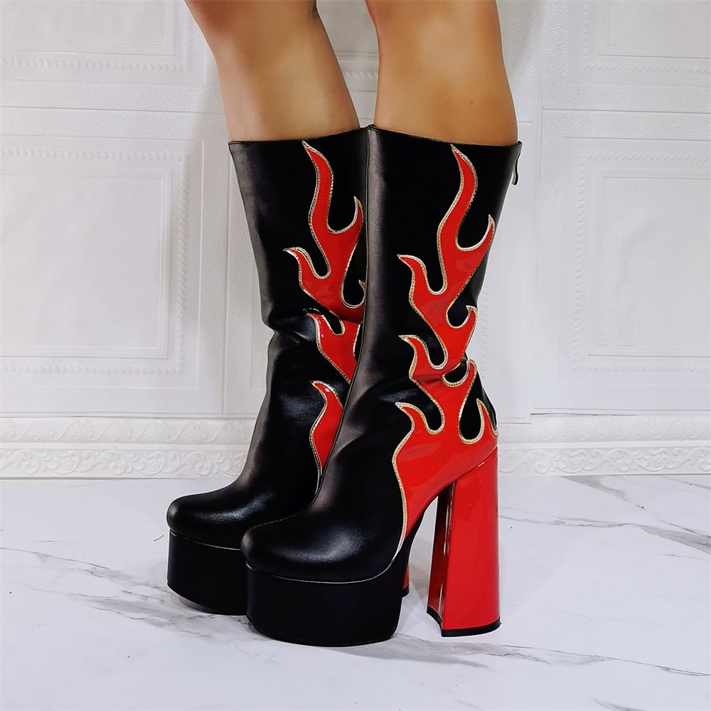 Women’s Round Toe Flame Platform Chunky High Heel Plus Size Mid Calf Short Boots Novameme