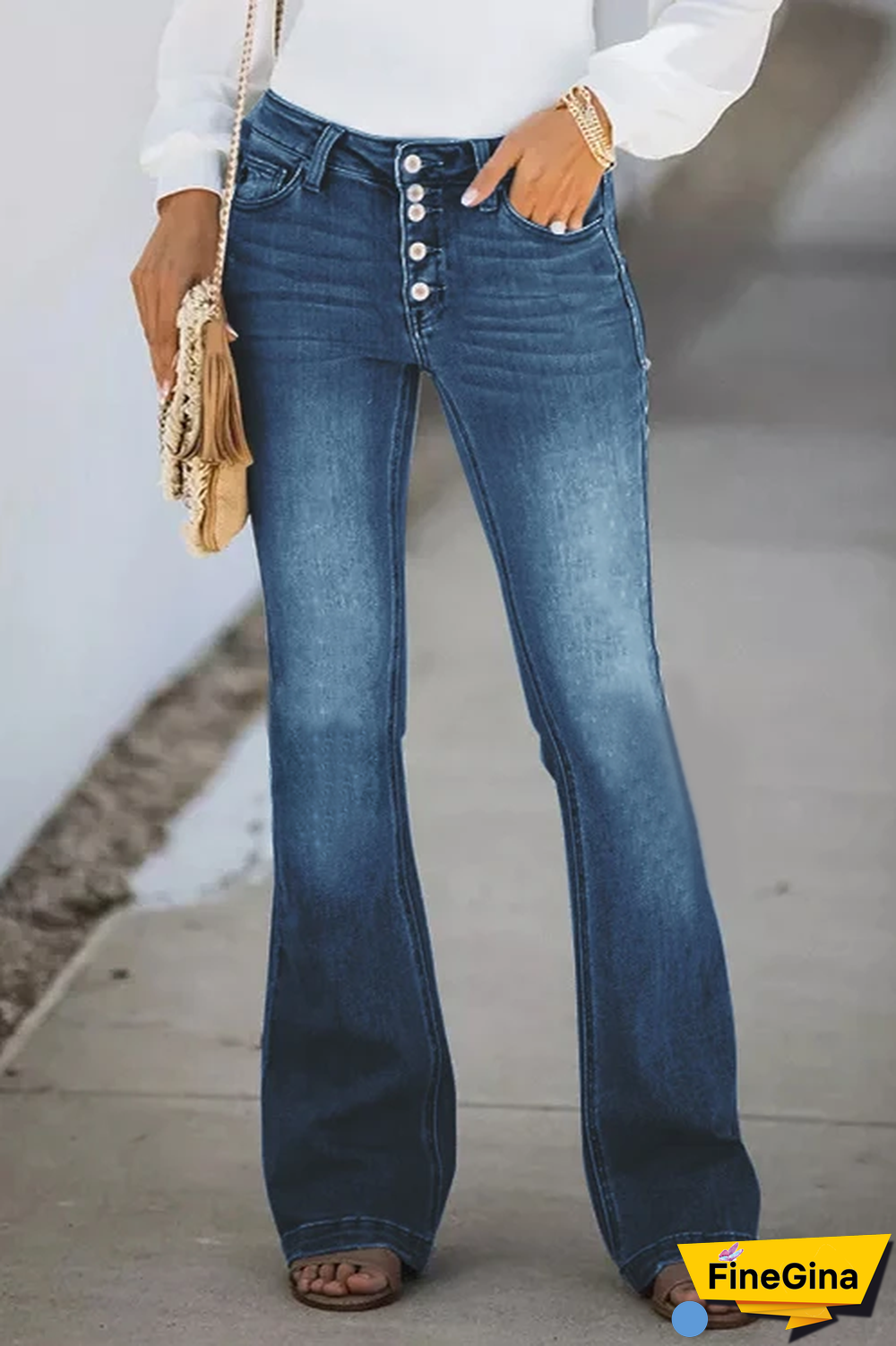 Ripped Button Fly Slim Flare Jeans