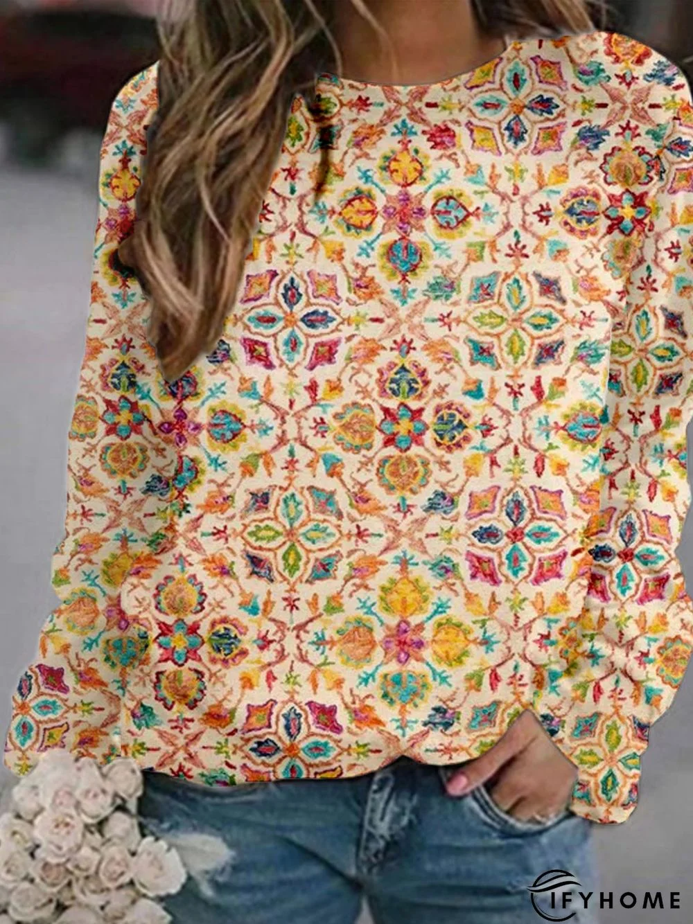 Casual Long Sleeve Round Neck Printed Top Sweatshirt | IFYHOME