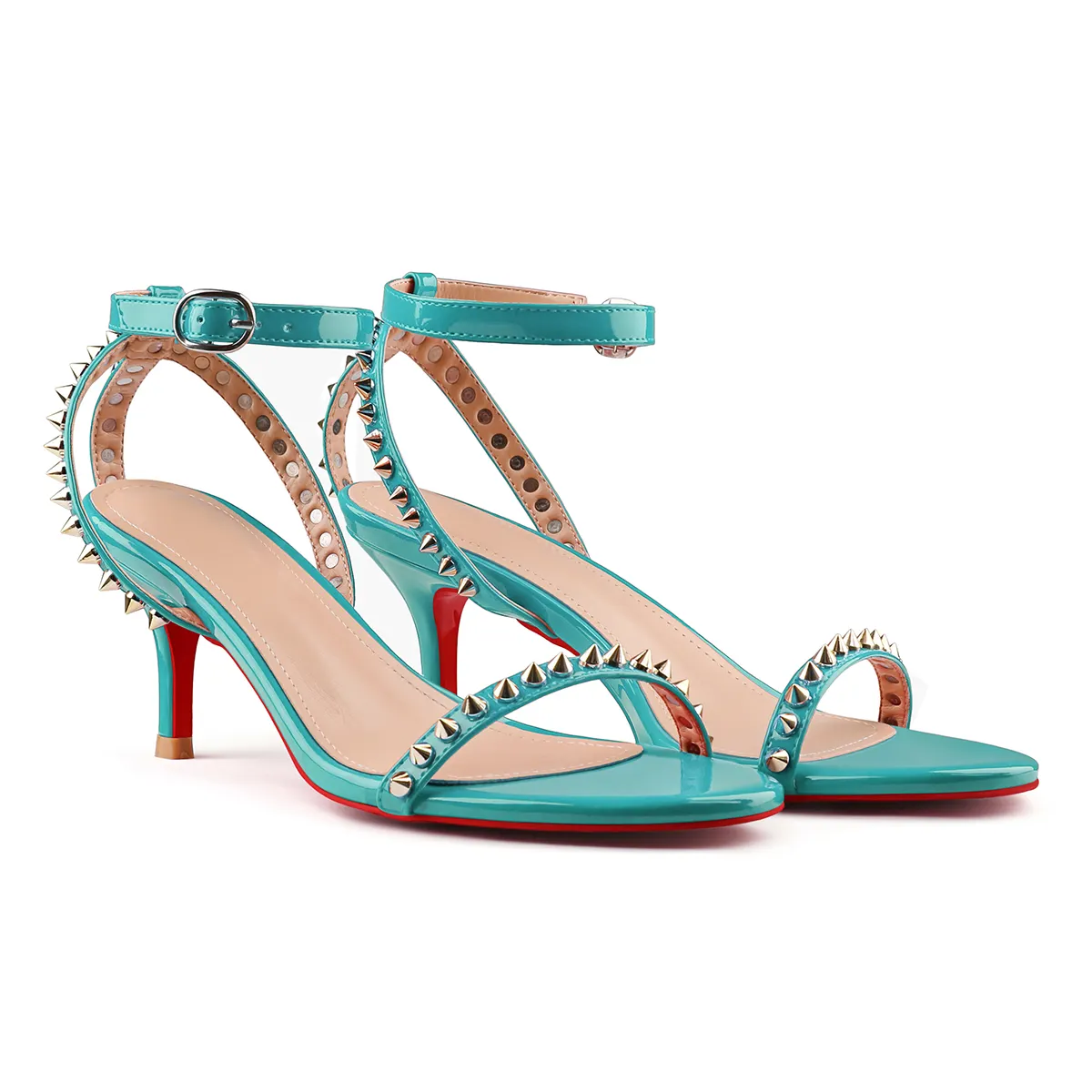 65mm Women's Sandals Red Bottom High Heels Open Toe Rivet Ankle Strap Kitten Heels Shoes-vocosishoes