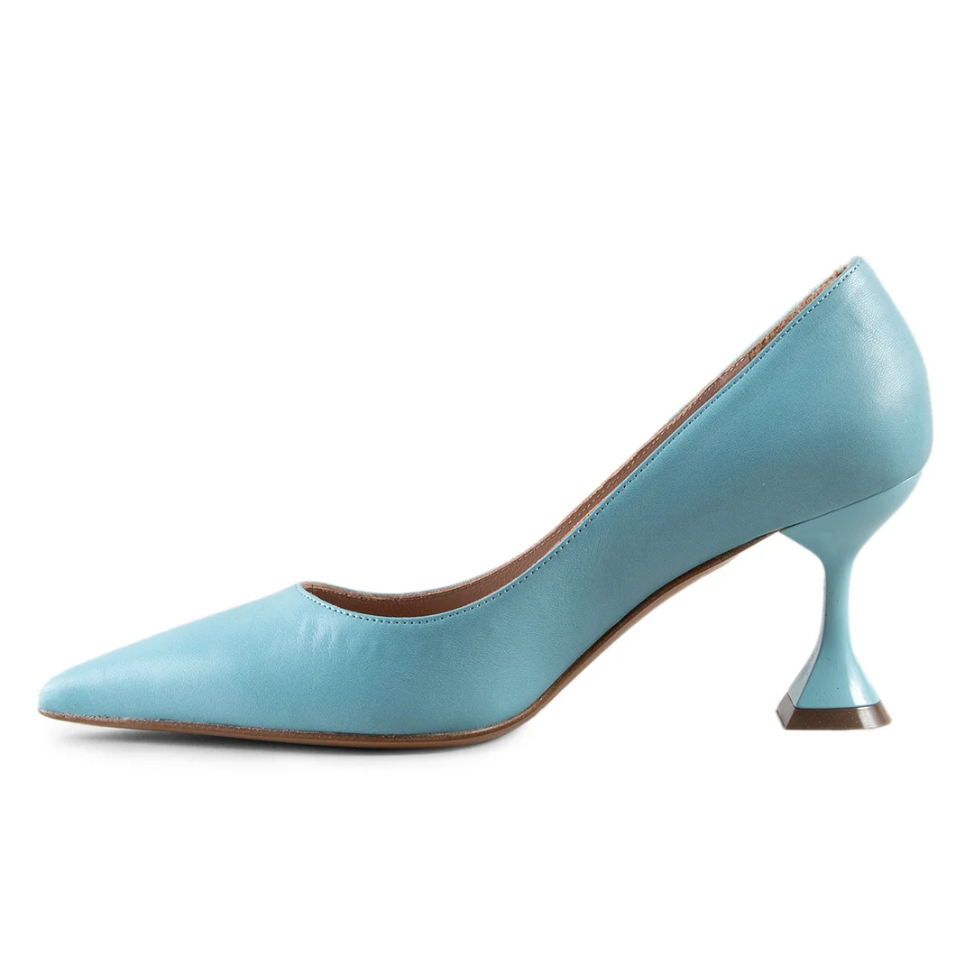 Blue Vegan Leather Pointed Toe Comfy Pumps with Flared Heels
