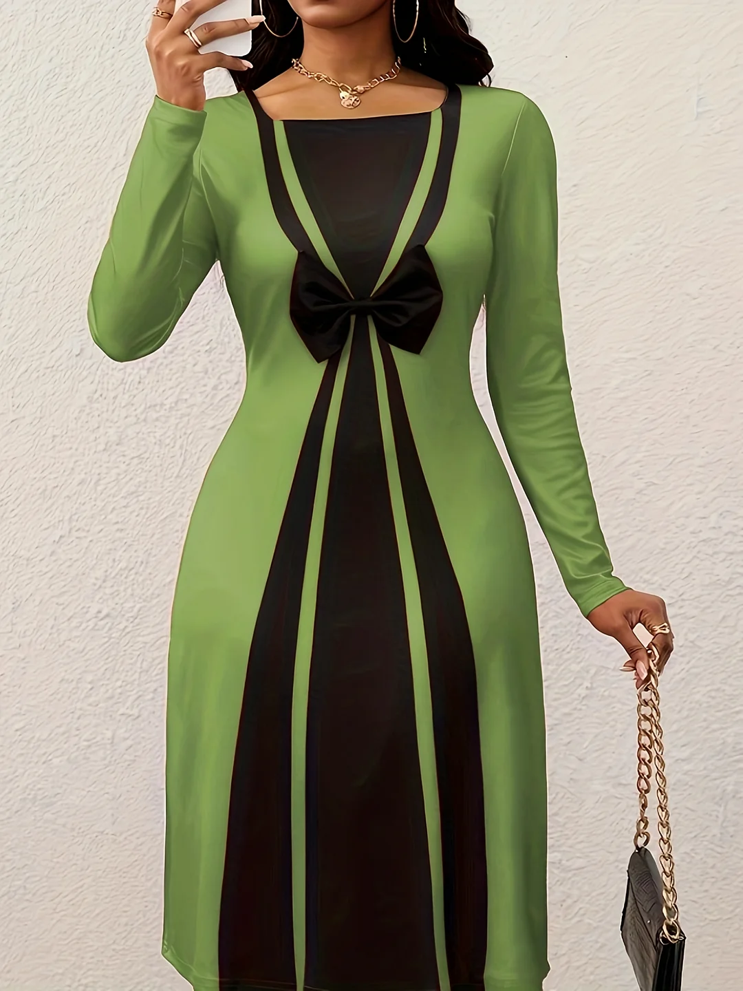 Women's Elegant Square Neck Dress - Formal To Casual Party, Office, Everyday Outfit - Machine Washable All-Season Dress With Structured Fit - Black & Lime Green Color Block For Year-Round Wear, Party Attire, Stylish Bow Detail | IFYHOME