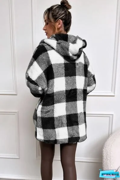 Double Take Full Size Plaid Long Sleeve Hooded Coat