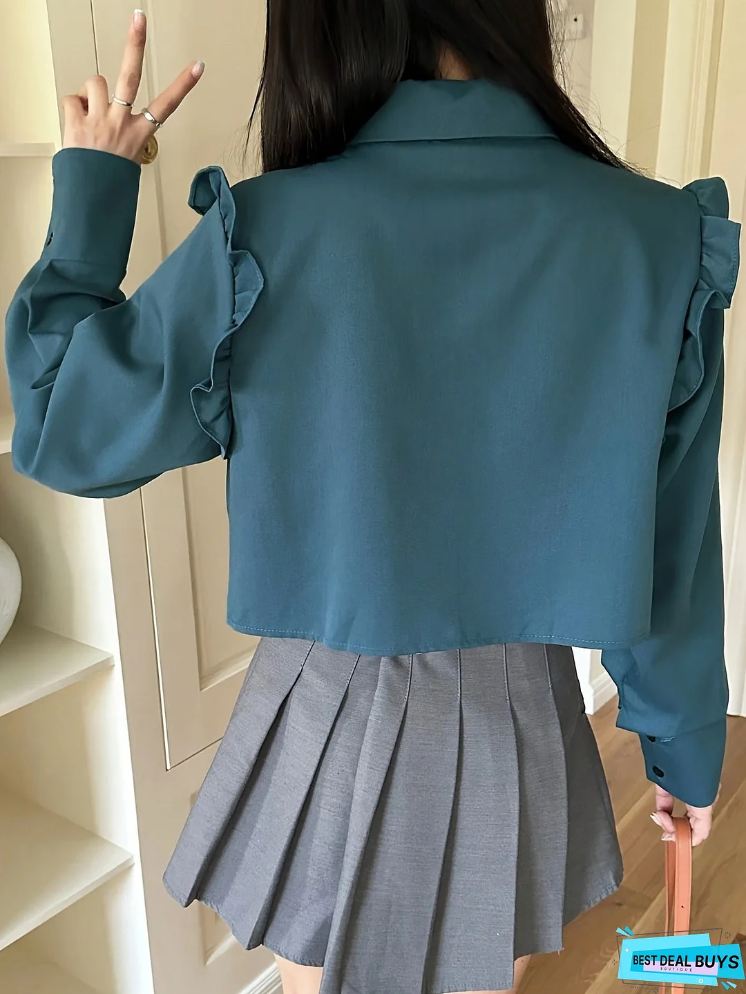 Solid Chinese Frog Button Ruffle Trim Blouse, Long Sleeve Lapel Collar Casual Blouse, Women's Clothing