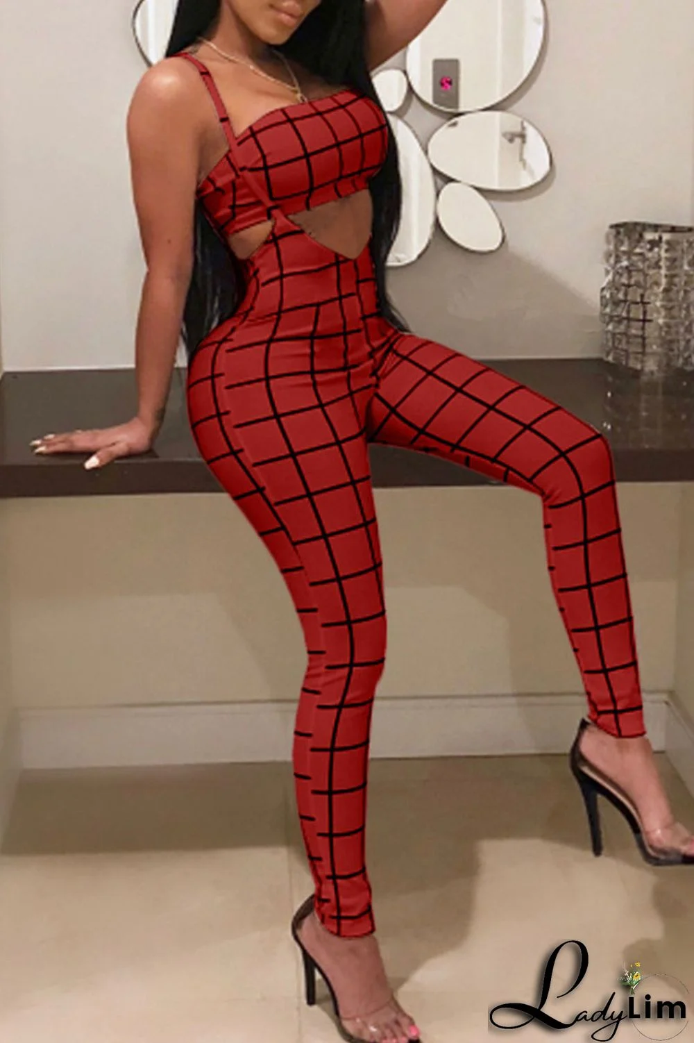 Deep Blue Sexy Plaid Print Split Joint Spaghetti Strap Sleeveless Two Pieces