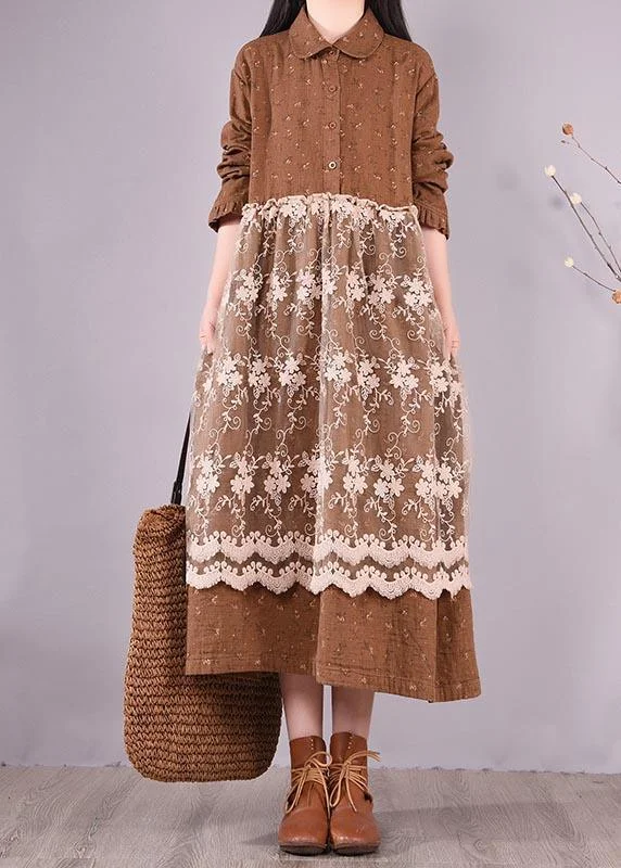 Beautiful Patchwork Lace Spring Clothes For Women Catwalk Chocolate Print Long Dresses