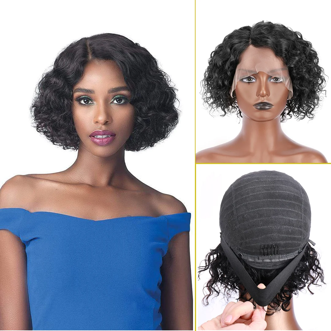 Jewtribute Hair®|Curly bob wig side parting hairstyle lace wig