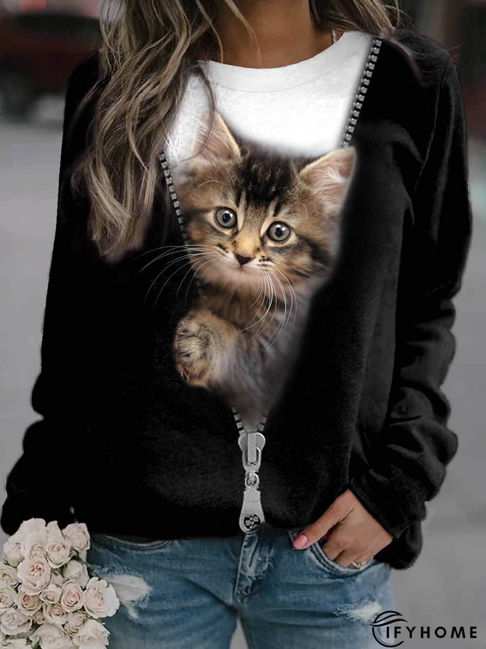 Cat Loose Crew Neck Casual Sweatshirt | IFYHOME