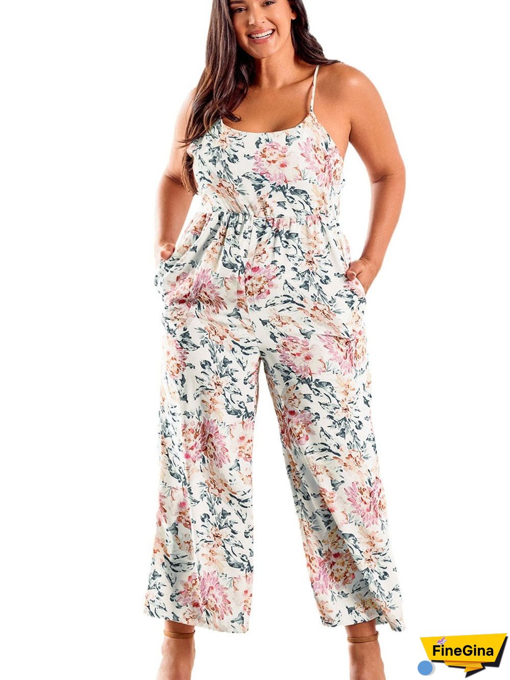 White Plus Size Floral Print Sleeveless Wide Leg Jumpsuit
