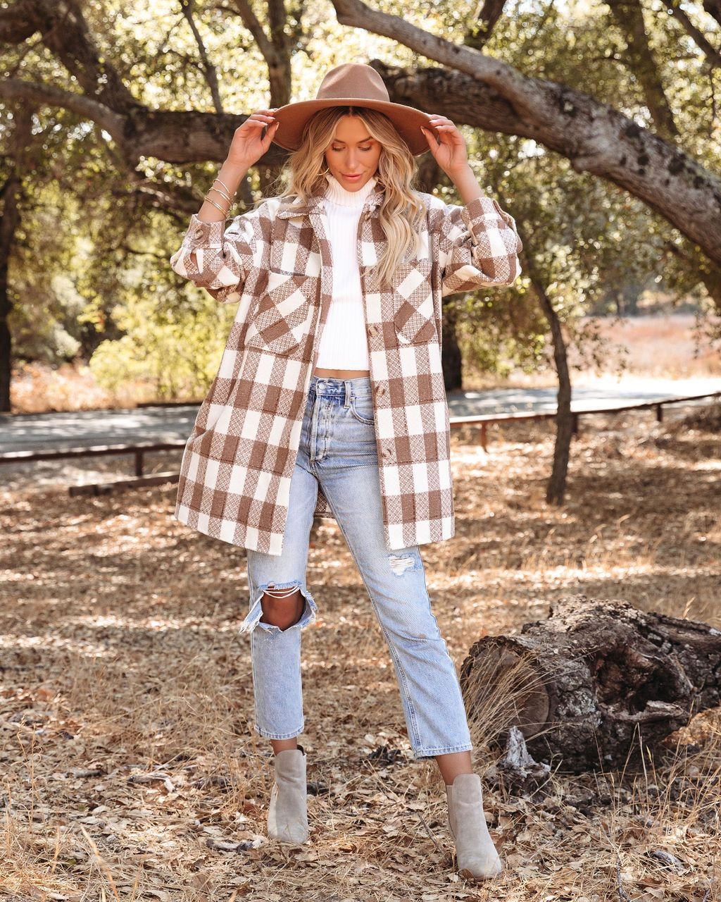 Women's Long Pocket Lapels Plaid Woolen Coat Overcoat