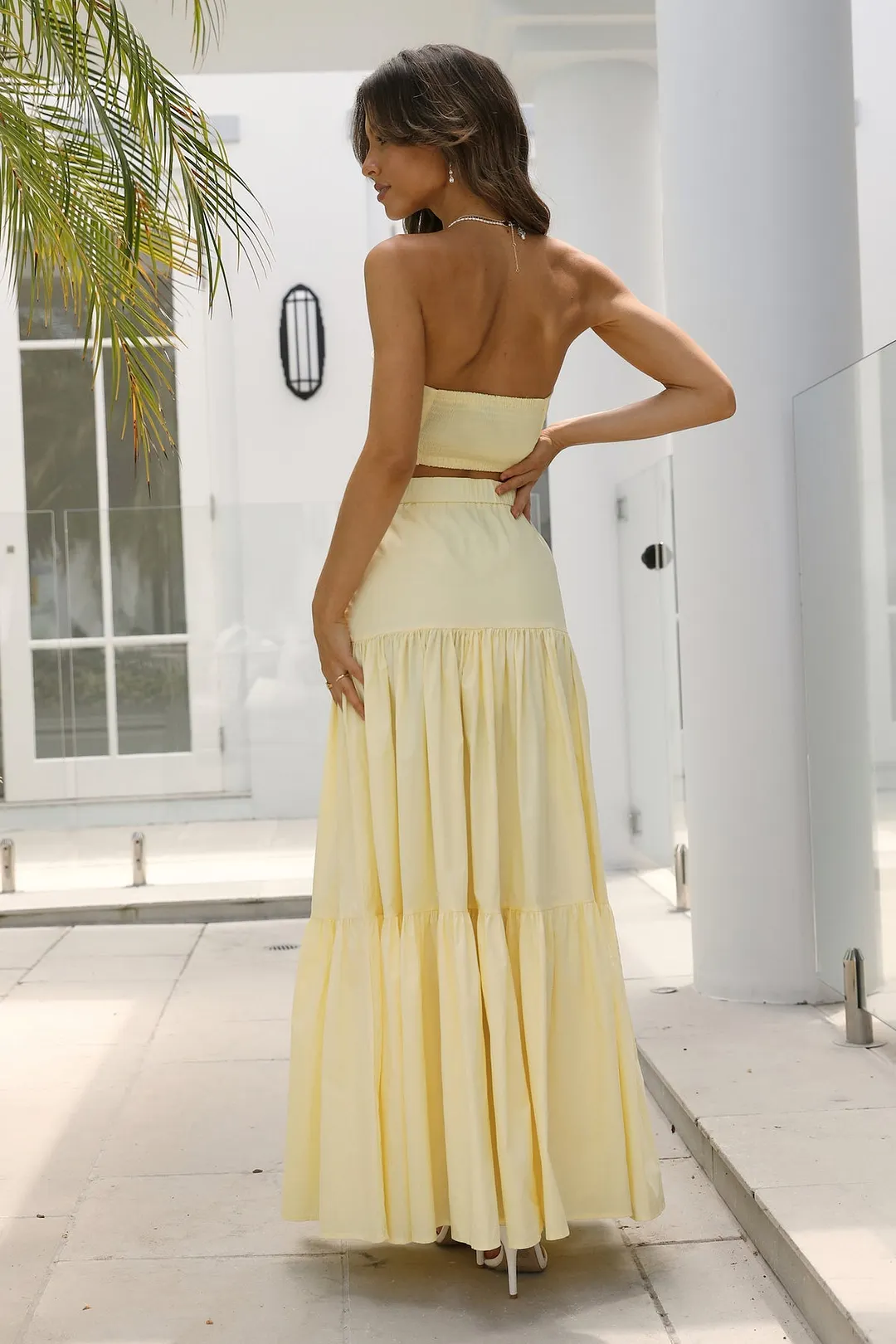 Short Skirt + Off-Shoulder Tube Top Set - Light Yellow Temperament Style