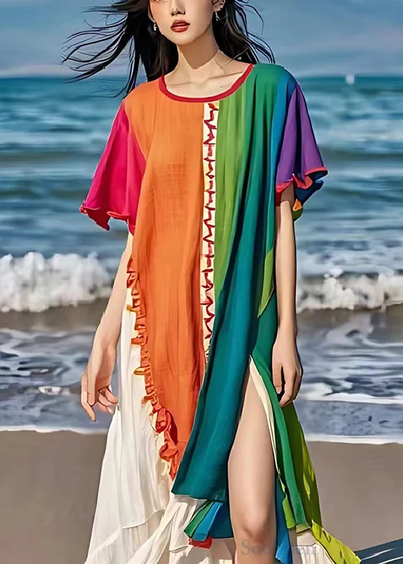 Pre sale - shipping in 30 days/Colorblock Patchwork Linen Long Dress Side Open Summer