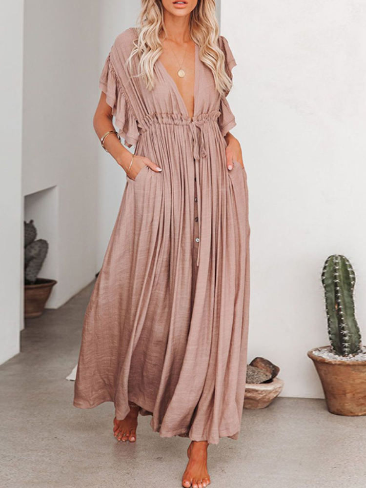 Bamboo Waist Rope Kaftan Long Dress Cardigan Holiday Beach Sun-protective Long Dress