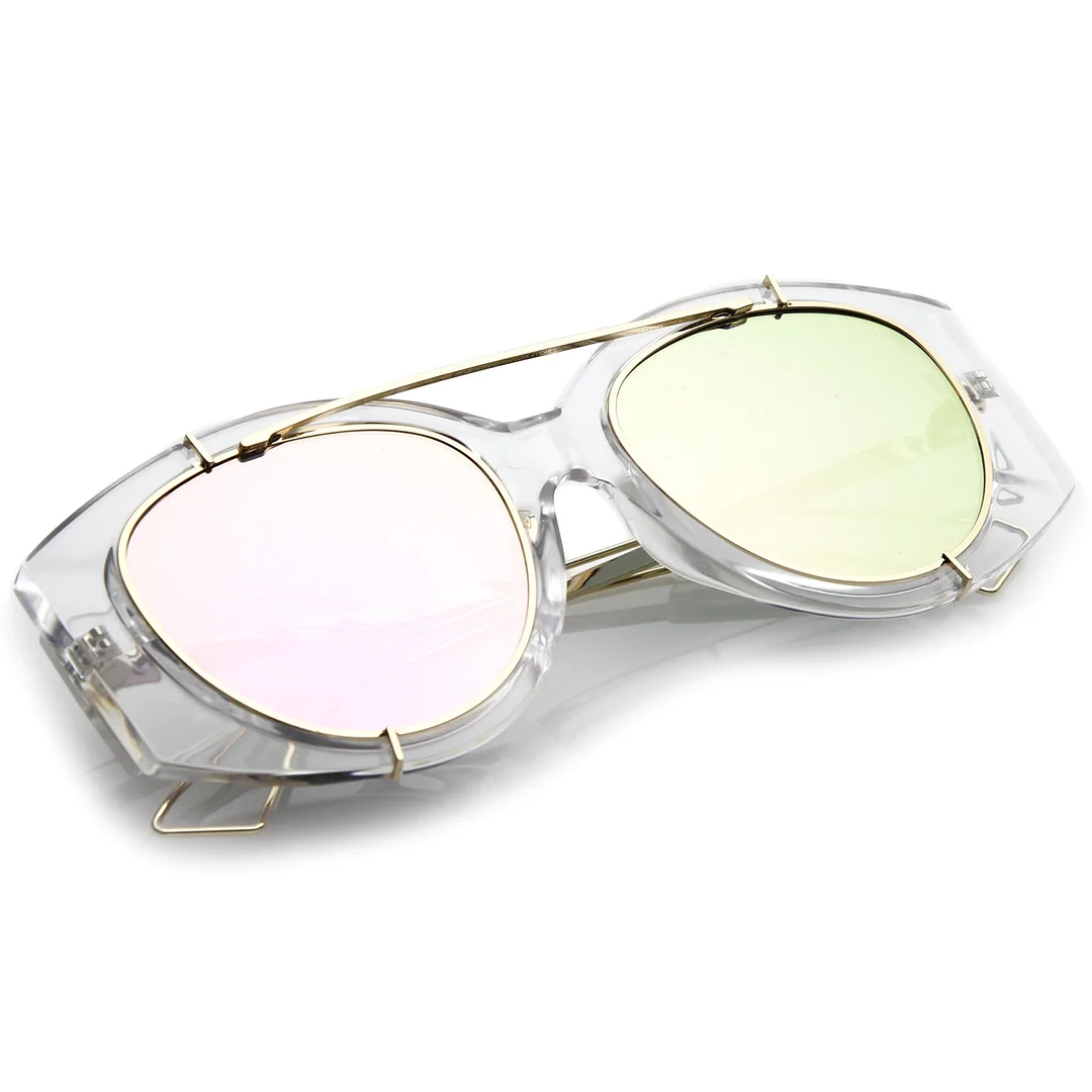Futuristic Translucent Wire Metal Arms Crossbar Mirrored Flat Lens Oversize glasses 53mm