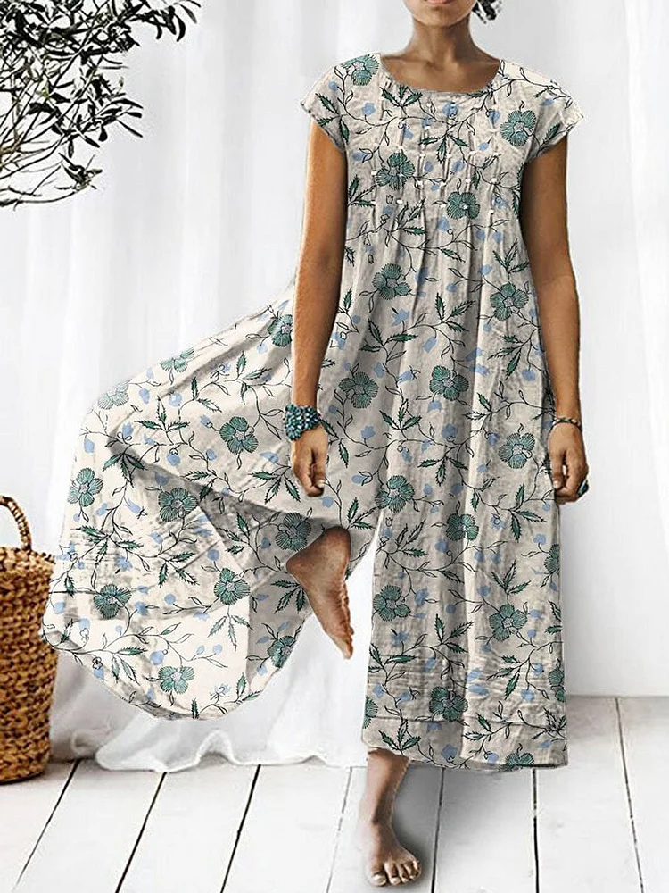 Women's Retro Elegant Floral Art Print Casual Cotton And Linen Jumpsuit