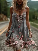 Vintage Boho Floral Embroidery Art Linen Mini Caimi Dress - Image 7