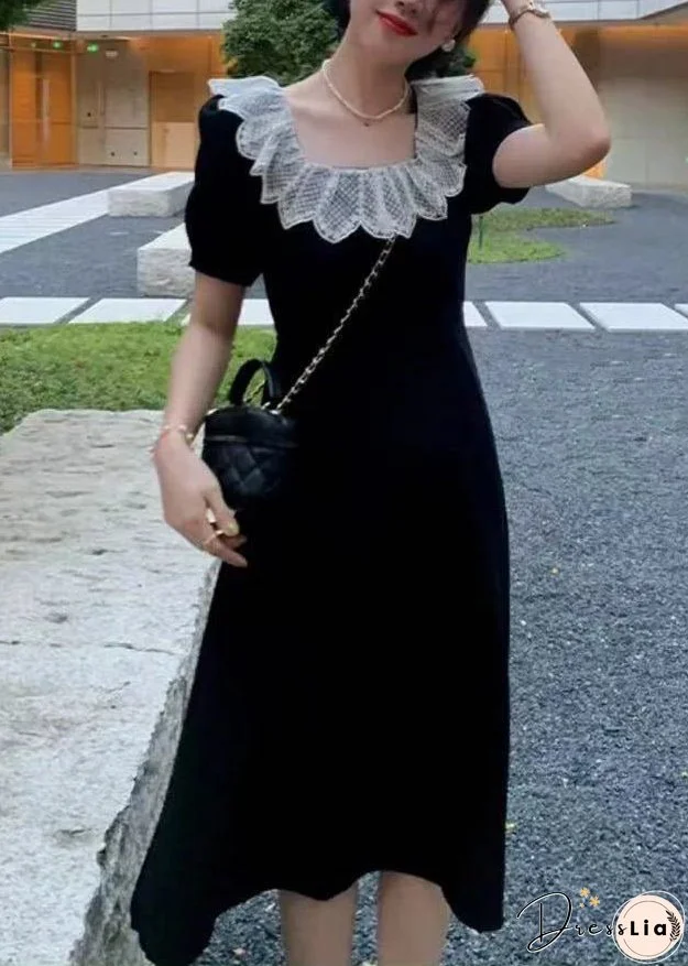 New Black Square Collar Solid Cotton Dress Summer