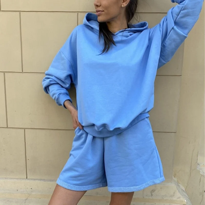 Womens Tracksuits 2 Piece Set Summmer Autumn Oversize Sweatshirt + Sporting Shorts Sweat Set Two Piece Outfit Solid Color Sets