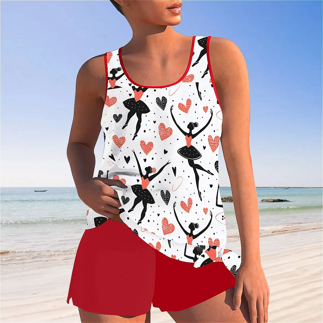 Bowknot Heart,Love,Valentine's Day Mid Waisted Tankini Set - Plus Size Available