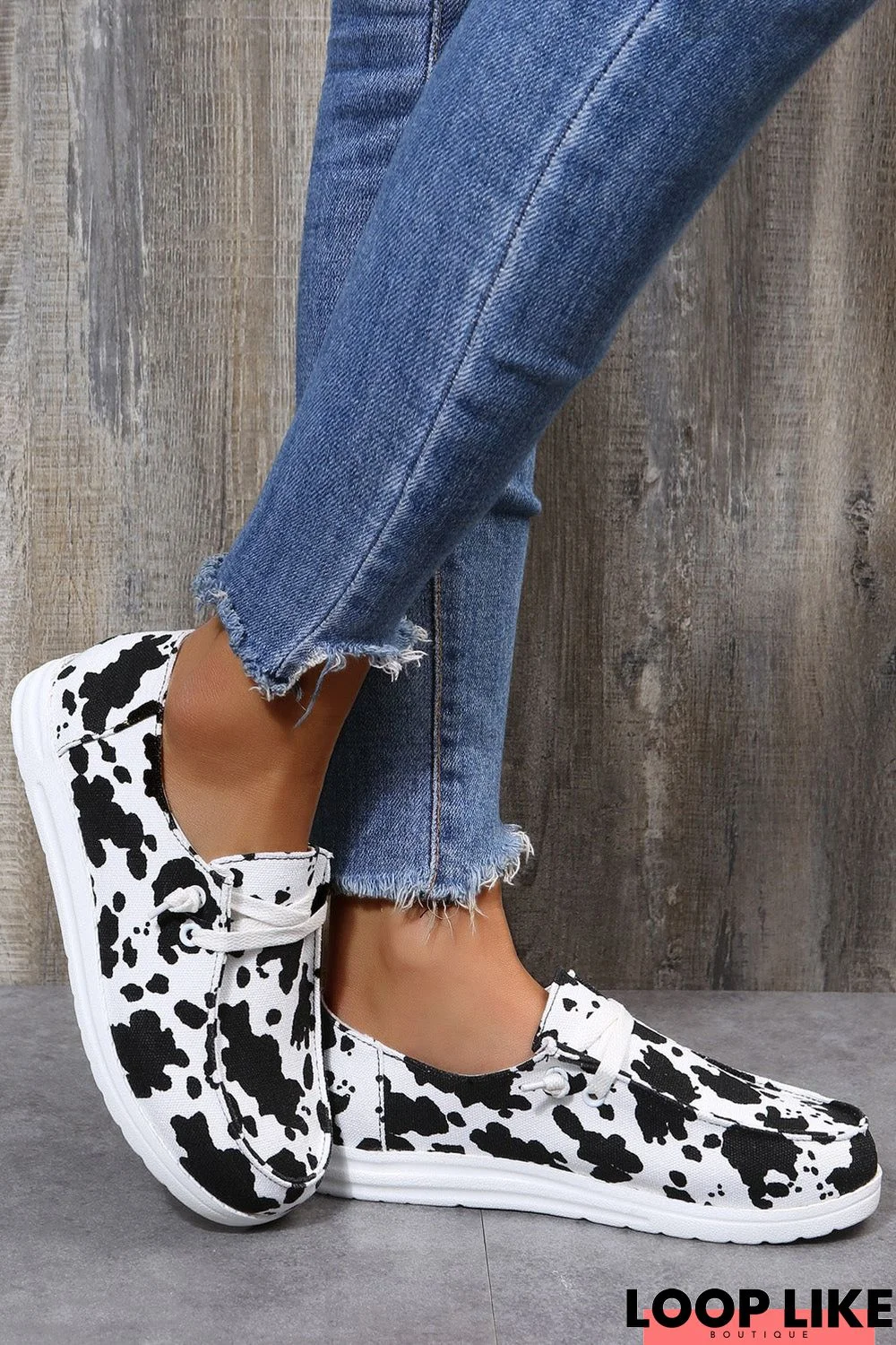 White Cow Print Lace Up Round Toe Flat Sneakers