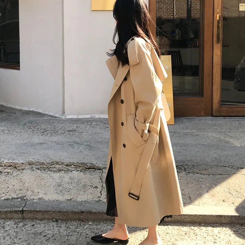 New Spring Autumn Long Women Trench Coat Double Breasted Belted Lady Outerwear  Fashion  Khaki Loose Windbreaker