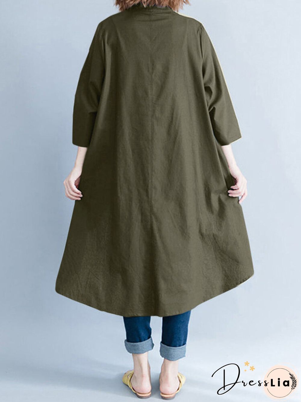 Solid Irregular Hem Button Stand Collar Blouse