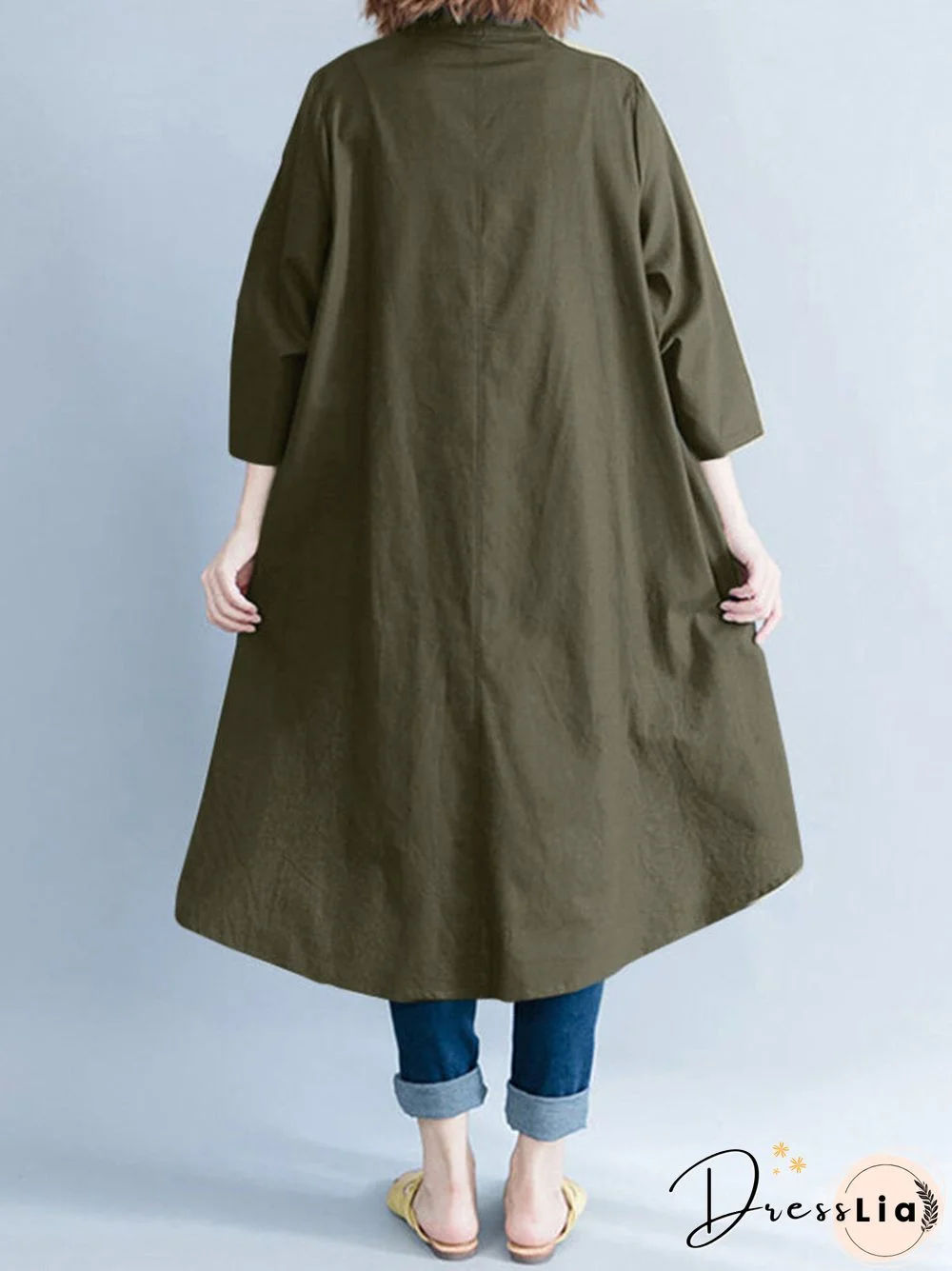 Solid Irregular Hem Button Stand Collar Blouse